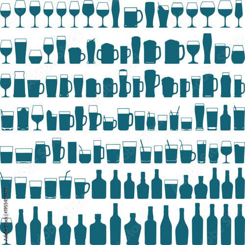 Assorted glassware and bottle silhouettes including wine glasses beer mugs and cocktail tumblers for restaurant menu design