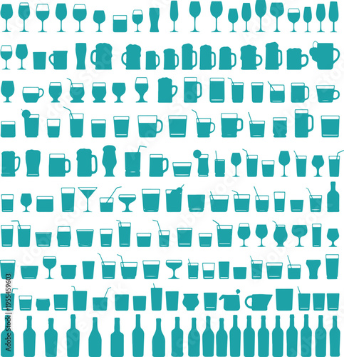 Large collection of silhouette barware and glassware for drinks, bottles, mugs, glasses, pitchers