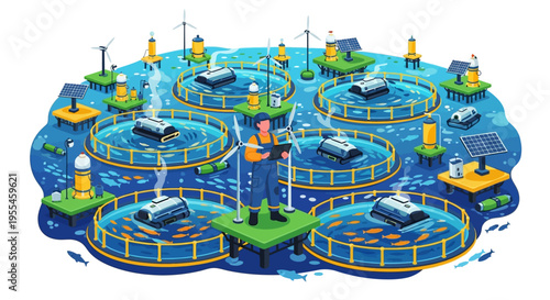 Modern Aquaculture Farm with Sustainable Technology and Farmer.