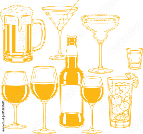 Outline vector set of various yellow alcoholic and non alcoholic drink containers like bottles glasses and mugs