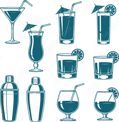 Set of blue cocktail drinks with garnishes and shakers isolated on checkered background vector art