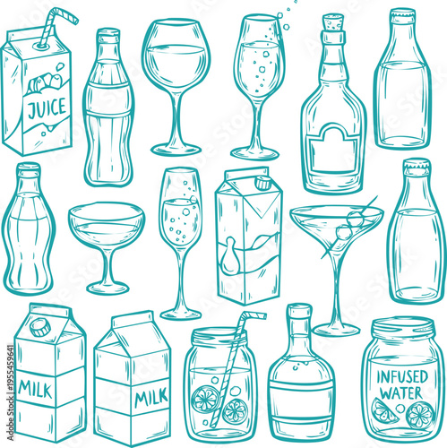Set of drink and beverage icons hand drawn vector sketch collection with glass bottle juice milk carton and infused water