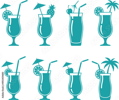 Set of various tropical cocktail icons with umbrellas and fruit garnishes isolated on transparent background
