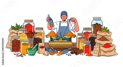 Spice merchant weighing spices on a vintage scale.