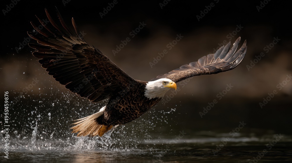 Fototapeta premium Bald eagle taking off from river surface with wings spread wide, splashing water in dramatic side light, showcasing natural colors and frozen motion