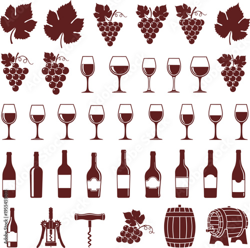 Wine related design elements with grapes, leaves, bottles, glasses, and corkscrews in a vintage style set