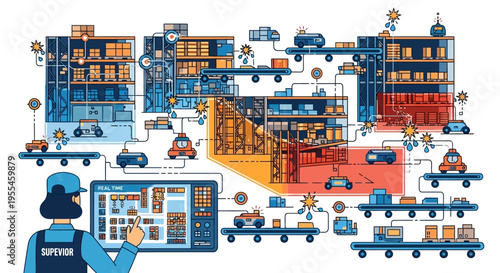 Automated Warehouse Logistics System with Robots and Control Panel.