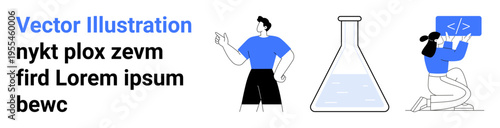 Education, laboratory research, coding, data science, innovation, teamwork. A man standing, a laboratory flask and a person coding. Education and laboratory research conceptual design