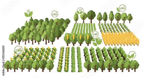 Diverse Agricultural Farm Ecosystem with Various Crops and Trees.