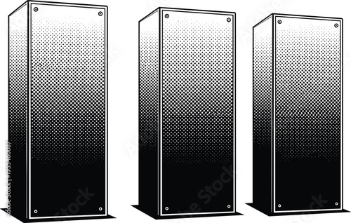 Black and white vector illustration of three computer server racks with halftone dot texture for data center cloud computing and technology network concepts