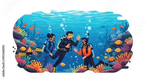 Three Divers Enjoying Underwater Exploration Together.