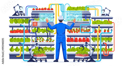 Farmer using augmented reality in vertical farm.