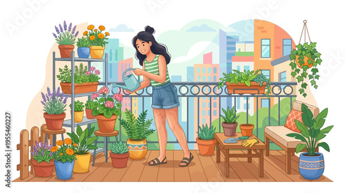 Young woman watering plants on a balcony garden.