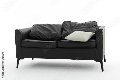 Fotografie Modern Black Leather Loveseat with Light Gray Pillow, Minimalist Furniture