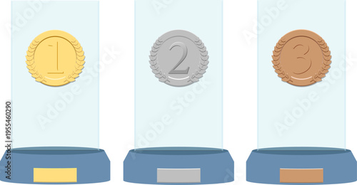 金銀銅メダルをガラスケースに展示した表彰セット｜ランキング・受賞・競技大会イメージに最適な立体風デザイン素材