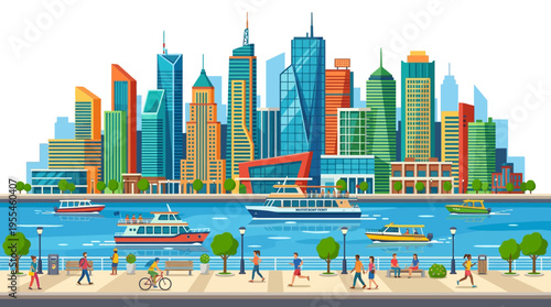 Modern Cityscape with Busy Waterfront and Skyscrapers.