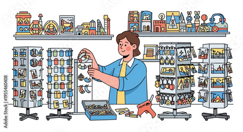 Woman crafting jewelry with tools and materials.