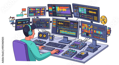 Video editor working on multiple monitors with editing software.