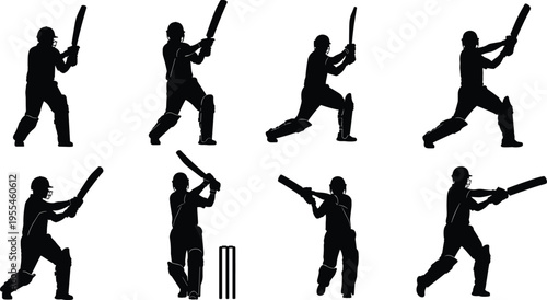 Cricket batsman silhouette set showing batting shots, sports action player collection isolated on white background, cricket batting poses vector style