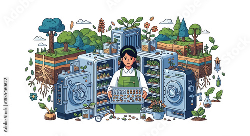 Woman surrounded by refrigerators and washing machines.