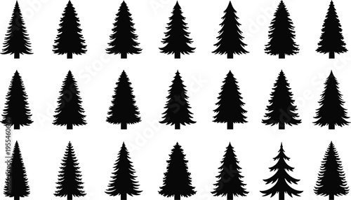 Evergreen pine tree silhouette collection featuring different conifer forest tree shapes, black nature vector set isolated on light background