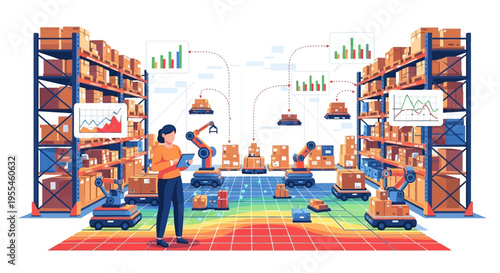 Woman Managing Automated Warehouse with Robotic Arms and Drones.