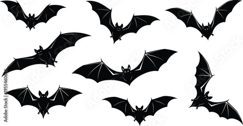 Flying bat silhouette collection with wings spread in different poses, black nocturnal animal vector set isolated on light background