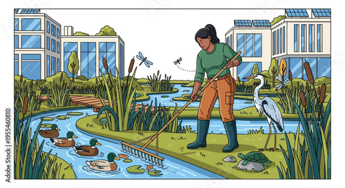 Woman tending to a wetland ecosystem with ducks and a heron.
