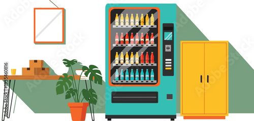 Modern Office Breakroom Interior Vector Illustration Featuring a Blue Vending Machine Full of Bottled Drinks Potted Monstera Plant Wooden Table and Yellow Storage Cabinet