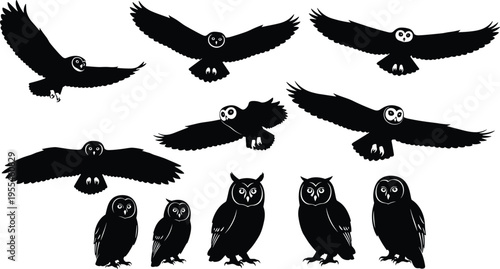 Owl silhouettes collection featuring flying and perched nocturnal birds in various poses, wildlife set isolated on white background vector illustration
