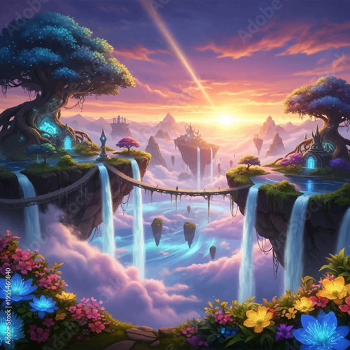 Fantasy floating island waterfall landscape with magical sunset glow and lush flora