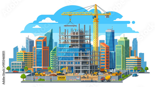 Modern Cityscape Construction Site with Cranes and Buildings.