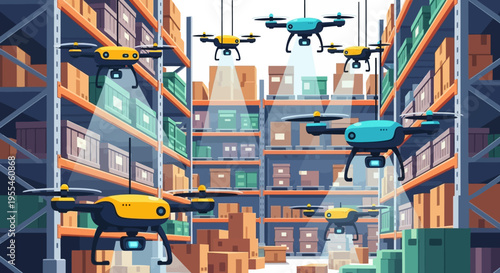 Drones flying in a modern warehouse for logistics and delivery.