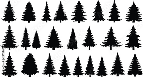 Pine tree silhouettes collection featuring evergreen forest conifer shapes in various styles, nature landscape elements isolated on white background vector illustration