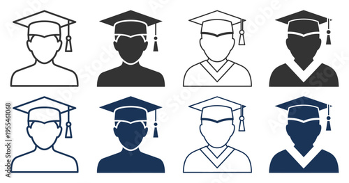 Graduation icons set featuring diverse graduates