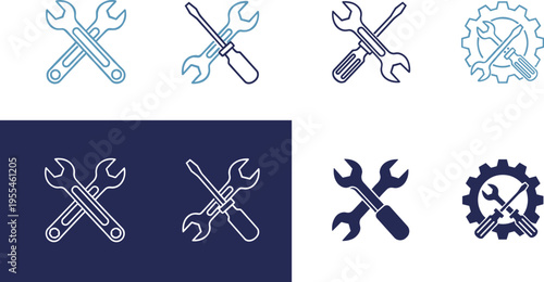 Professional blue linear and solid vector icon set featuring crossed wrenches screwdrivers and gears for industrial maintenance technical repair service and mechanical engineering design