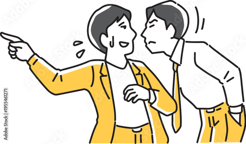 睨む人に責任転嫁しようとする男性