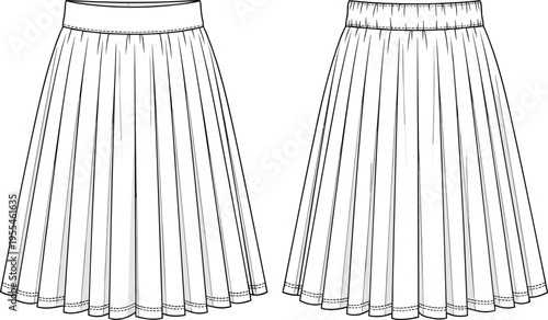 Women Pleated Skirt Front and Back View Technical Fashion Template, High Waist Elegant Midi Skirt Outline Mockup for Apparel Design