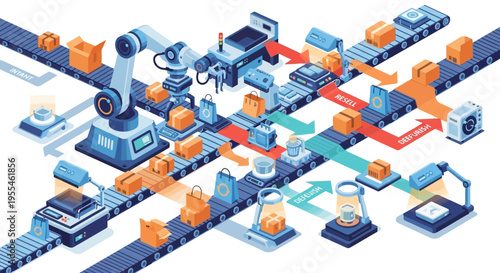 Automated Factory Production Line with Robotic Arms and Conveyors.