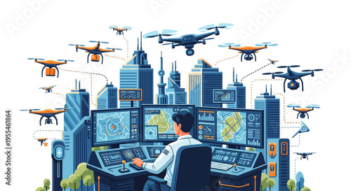 Drone surveillance control center operator monitoring city airspace.