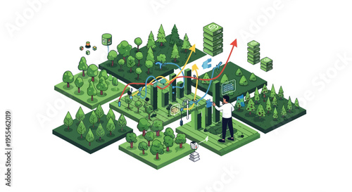 Isometric Green Cityscape with Rocket Launch and Business Growth.