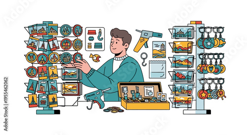 Man carefully arranging small items on display shelves.