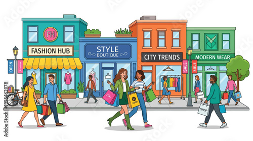 Diverse group of people enjoying a shopping spree on a sunny day.