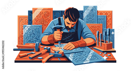 Skilled craftsman meticulously working on intricate metal embossing.