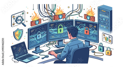 Cybersecurity expert monitoring multiple computer screens with security alerts.