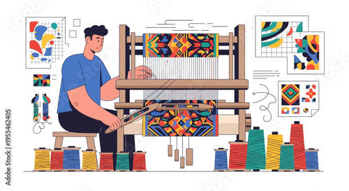 Man weaving a colorful tapestry on a traditional loom.