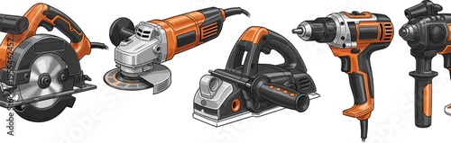 Professional electric power tools set including circular saw angle grinder power planer cordless drill and rotary hammer isolated on white background for construction carpentry.