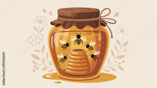 Stylized honey jar with magical bee kingdom inside – Great for artisan food marketing, fairy tale themes, or environmental education.