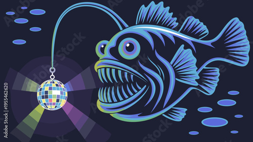 Vector anglerfish with glowing neon patterns and disco ball – Perfect for electronic music posters, underwater fantasy, or bold event ads.