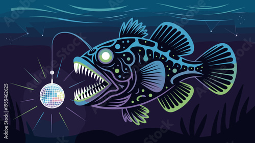 Stylized glowing sea creature with disco ball lure – Great for surreal art prints, oceanic dance themes, or modern vector backgrounds.